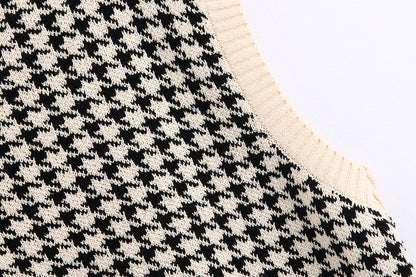 Houndstooth V-neck Knitted Vest Sweaters