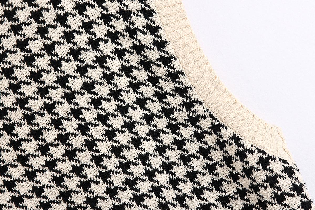 Houndstooth V-neck Knitted Vest Sweaters