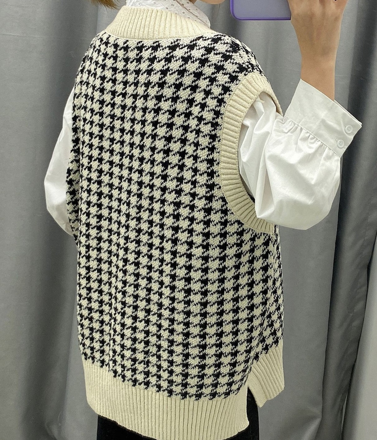 Houndstooth V-neck Knitted Vest Sweaters