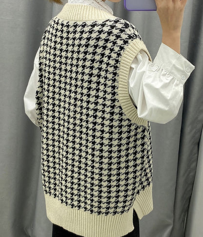 Houndstooth V-neck Knitted Vest Sweaters
