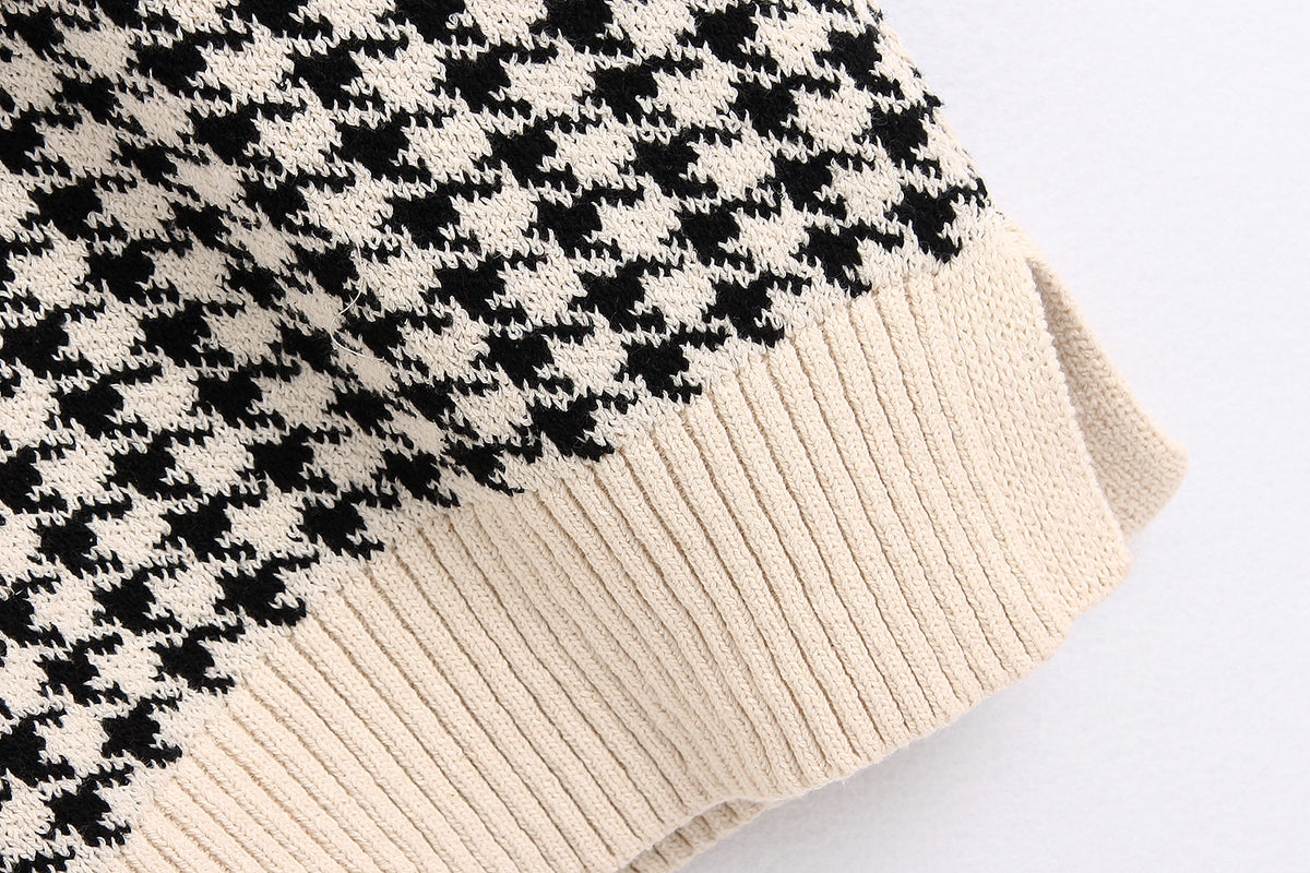 Houndstooth V-neck Knitted Vest Sweaters