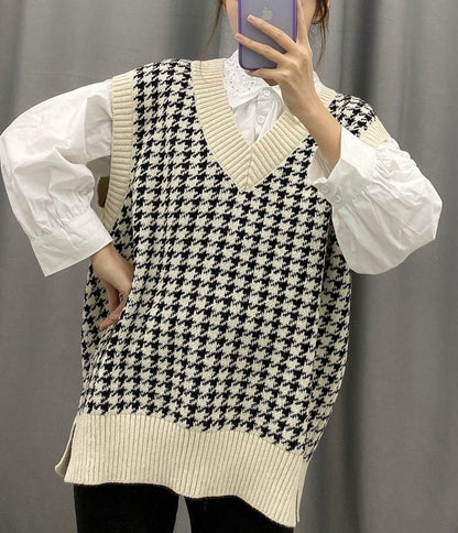 Houndstooth V-neck Knitted Vest Sweaters