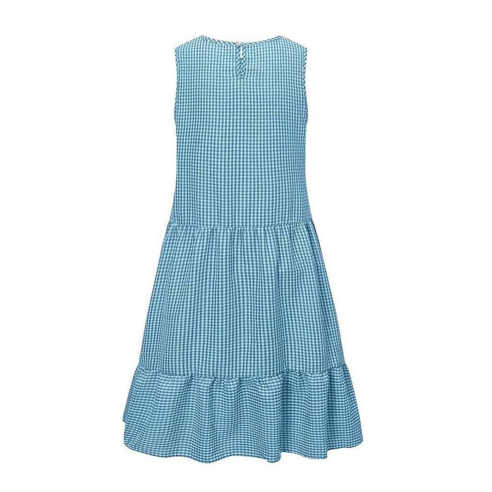 Sleeveless Plaid Round Neck Ruffles Hem Mini Dresses