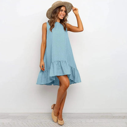 Sleeveless Plaid Round Neck Ruffles Hem Mini Dresses
