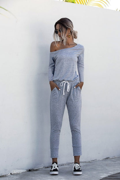Diagonal Shoulder Lace-up Long Sleeve Casual Jumpsuit Rompers