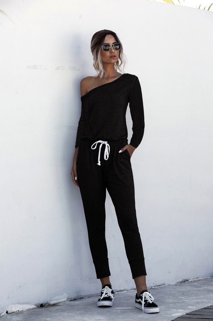 Diagonal Shoulder Lace-up Long Sleeve Casual Jumpsuit Rompers