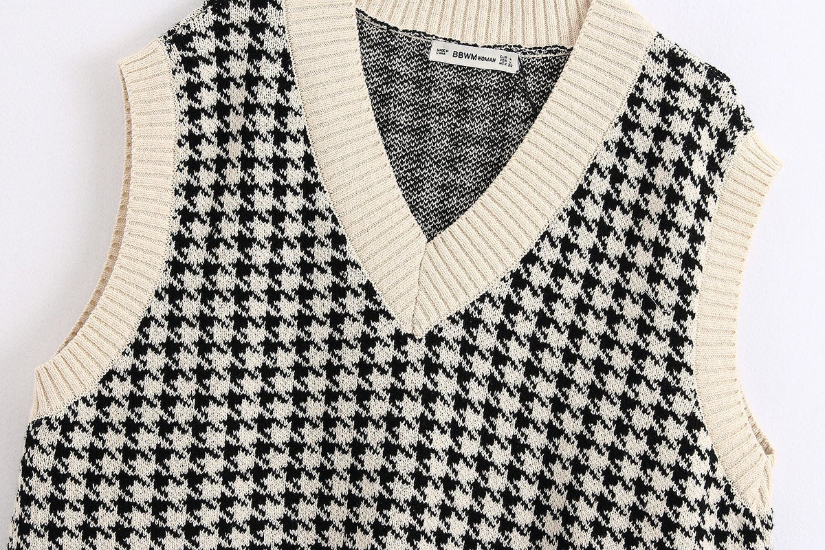 Houndstooth V-neck Knitted Vest Sweaters