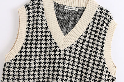Houndstooth V-neck Knitted Vest Sweaters