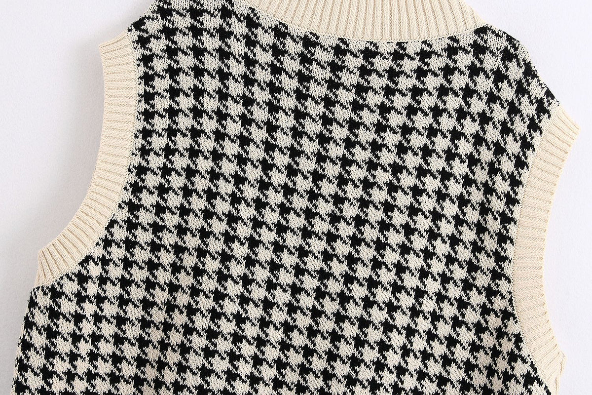 Houndstooth V-neck Knitted Vest Sweaters