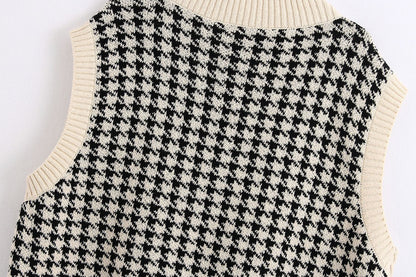 Houndstooth V-neck Knitted Vest Sweaters