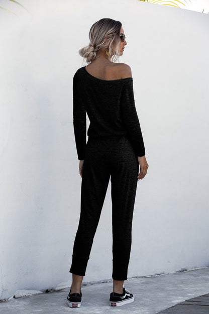Diagonal Shoulder Lace-up Long Sleeve Casual Jumpsuit Rompers