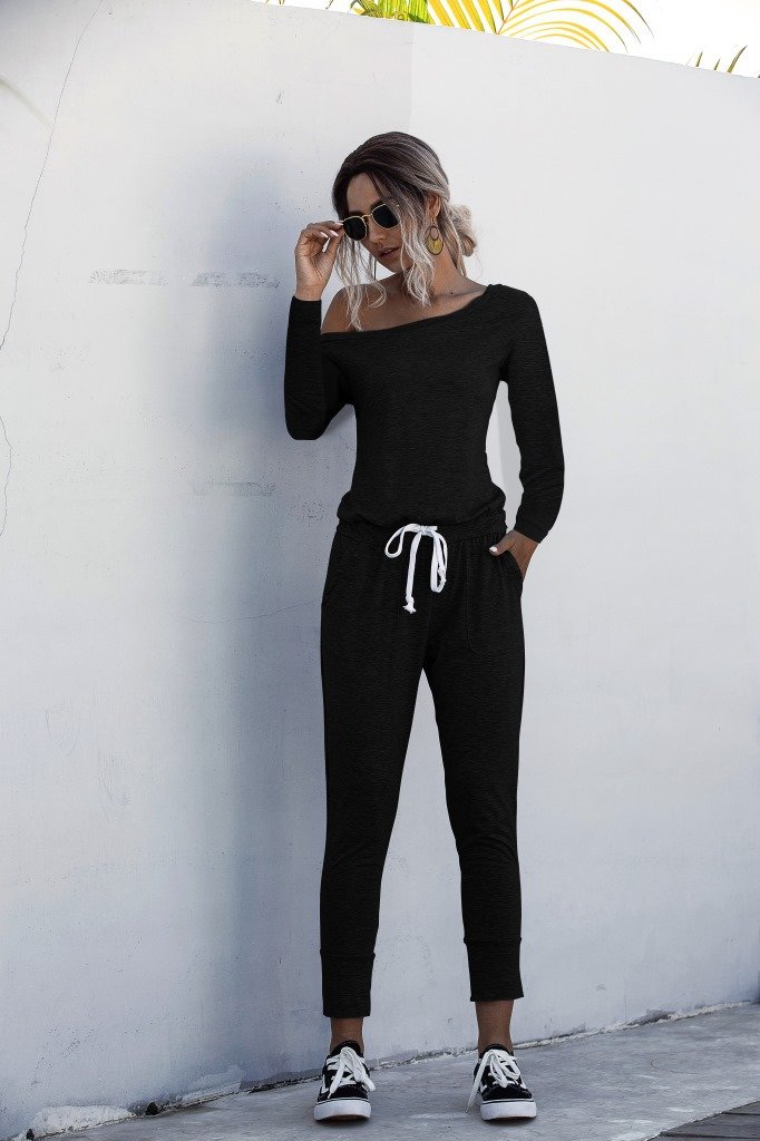 Diagonal Shoulder Lace-up Long Sleeve Casual Jumpsuit Rompers