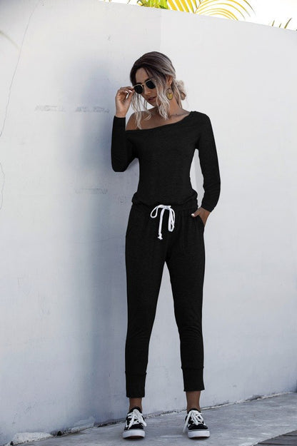 Diagonal Shoulder Lace-up Long Sleeve Casual Jumpsuit Rompers