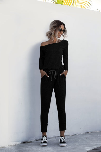 Diagonal Shoulder Lace-up Long Sleeve Casual Jumpsuit Rompers