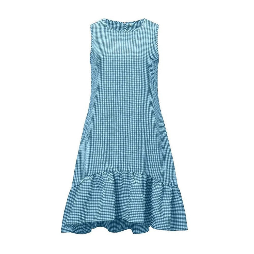 Sleeveless Plaid Round Neck Ruffles Hem Mini Dresses