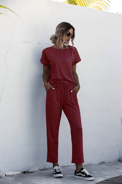 Round Collar Lace-up Short Sleeve Casual Two-piece Sport Set Home Workout Fitness S to XXXL Plus