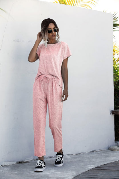 Round Collar Lace-up Short Sleeve Casual Two-piece Sport Set Home Workout Fitness S to XXXL Plus