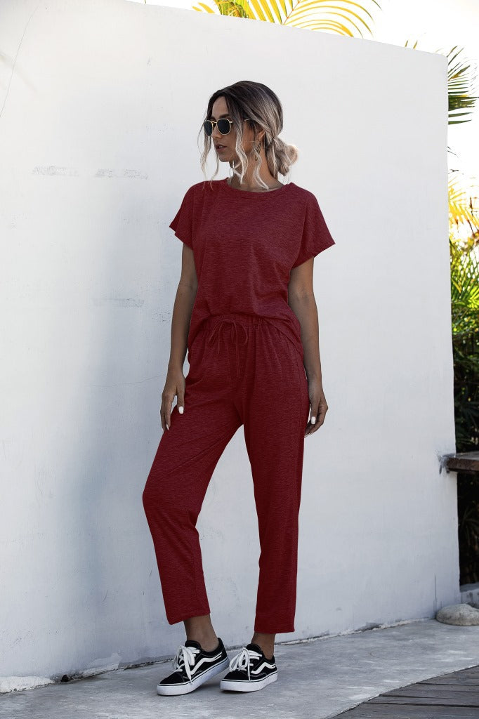 Round Collar Lace-up Short Sleeve Casual Two-piece Sport Set Home Workout Fitness S to XXXL Plus