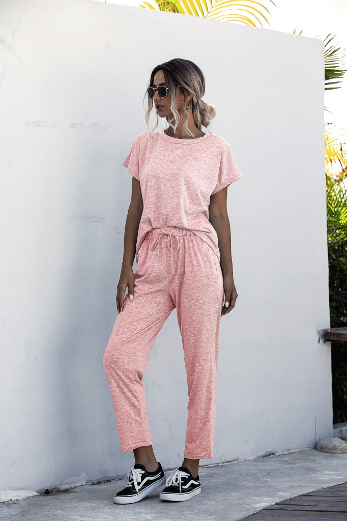 Round Collar Lace-up Short Sleeve Casual Two-piece Sport Set Home Workout Fitness S to XXXL Plus