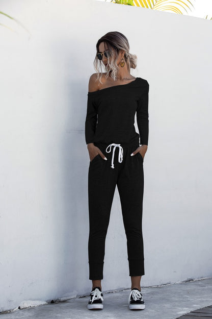 Diagonal Shoulder Lace-up Long Sleeve Casual Jumpsuit Rompers