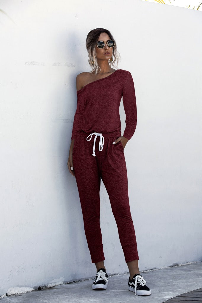 Diagonal Shoulder Lace-up Long Sleeve Casual Jumpsuit Rompers