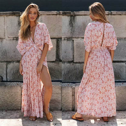 Batwing Sleeve V-neck Split Floral Maxi Dresses