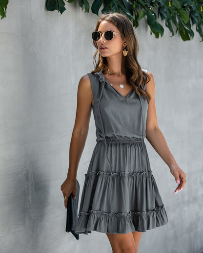 V-neck Lace-up Pleated Elastic Waist Mini Dress