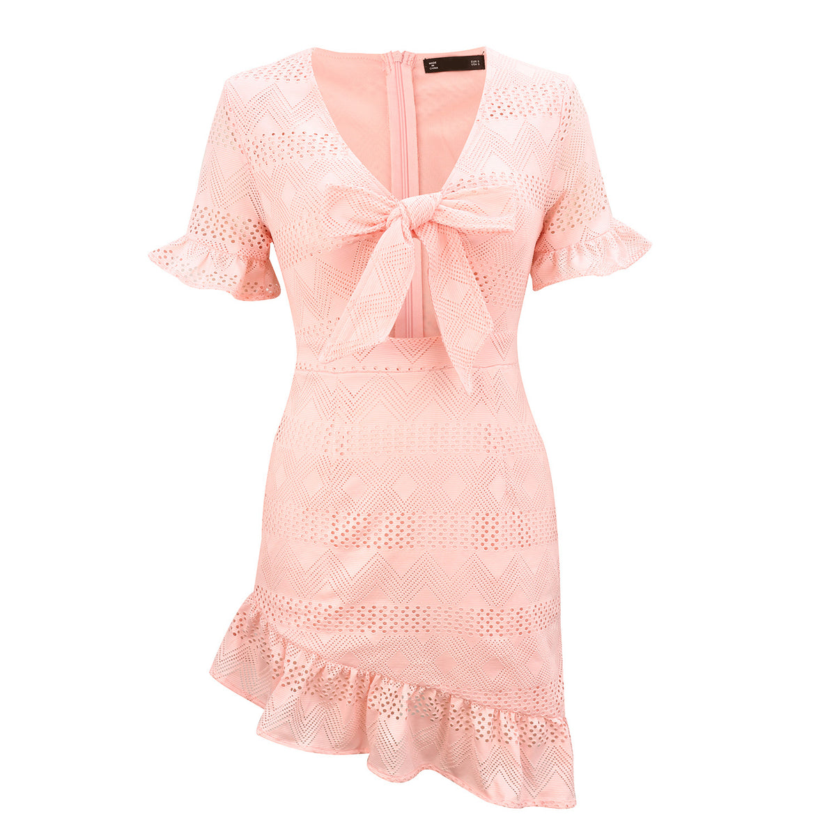 Lace Hollowed-out V-neck Bow Irregular Hem Mini Dresses