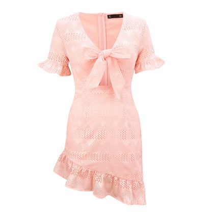Lace Hollowed-out V-neck Bow Irregular Hem Mini Dresses