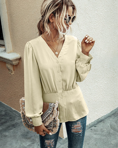 Single-breasted V-neck Long Sleeve Shirt