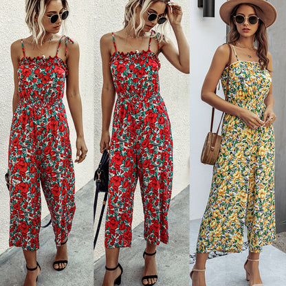 Off Shoulder Backless Suspenders Jumpsuit Elastic Waist Printed Rompers