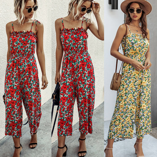 Off Shoulder Backless Suspenders Jumpsuit Elastic Waist Printed Rompers