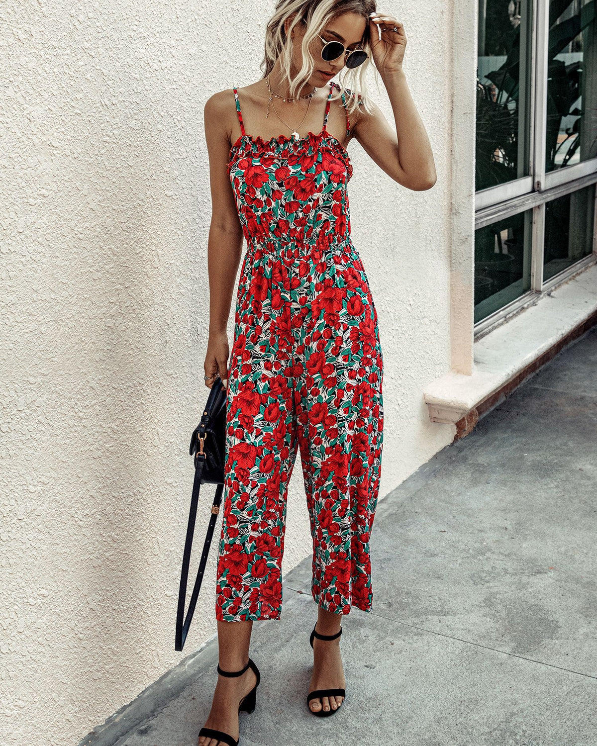 Off Shoulder Backless Suspenders Jumpsuit Elastic Waist Printed Rompers