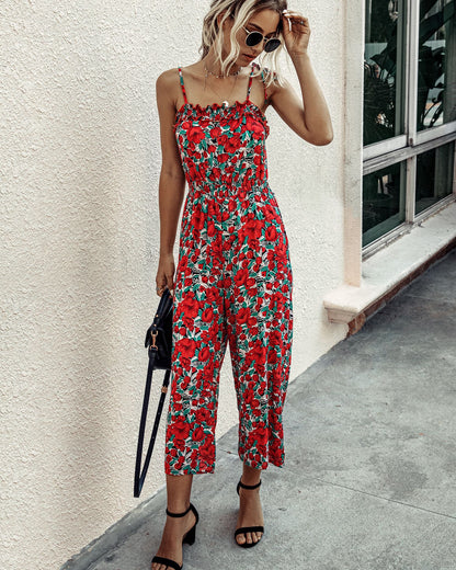 Off Shoulder Backless Suspenders Jumpsuit Elastic Waist Printed Rompers