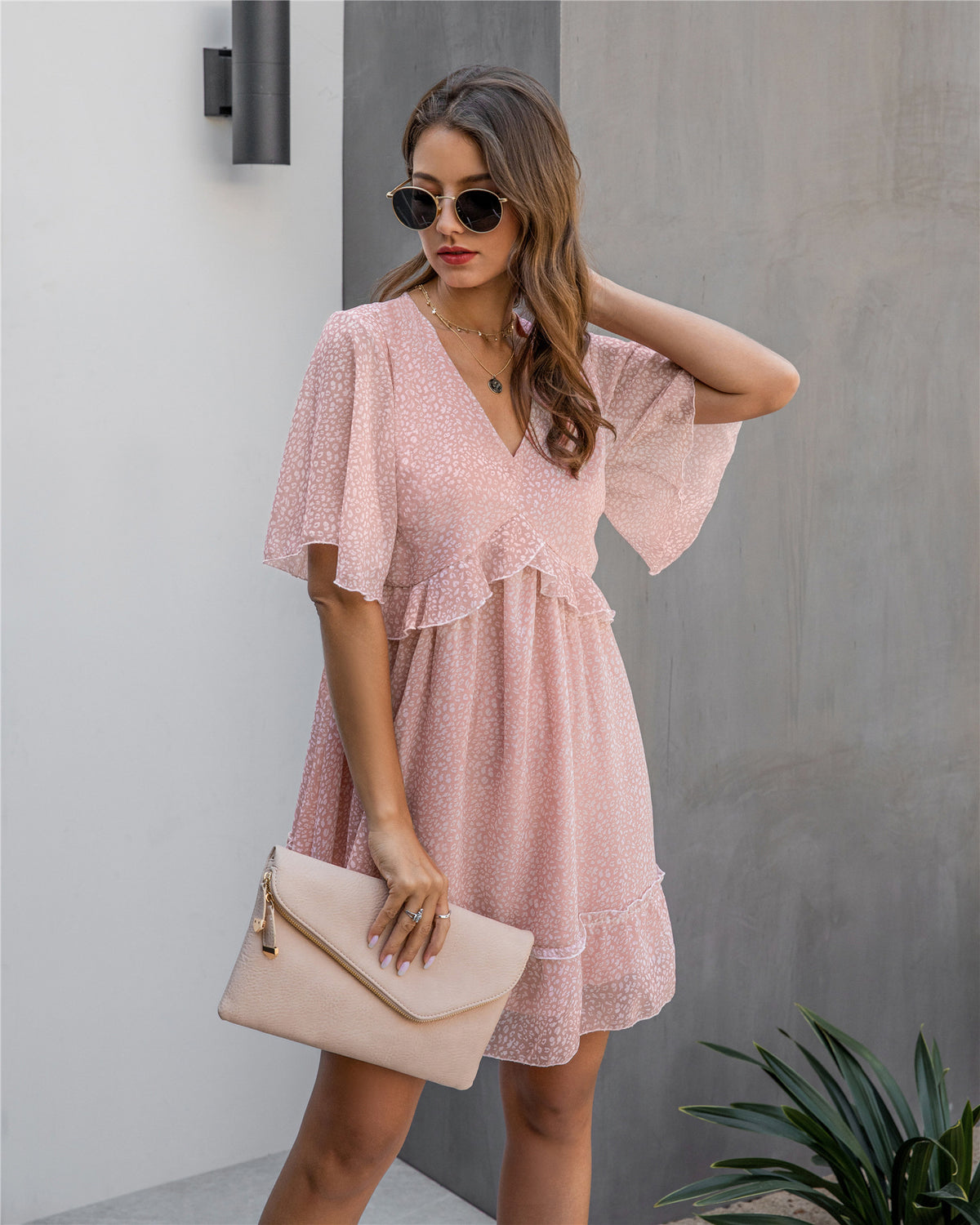 V-neck 1/2 Sleeve Printed Ruffled Mini Dress