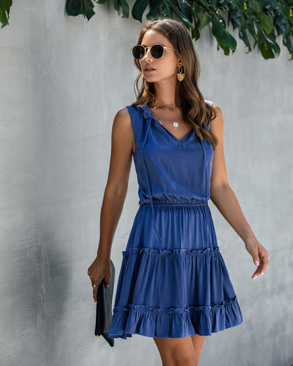 V-neck Lace-up Pleated Elastic Waist Mini Dress