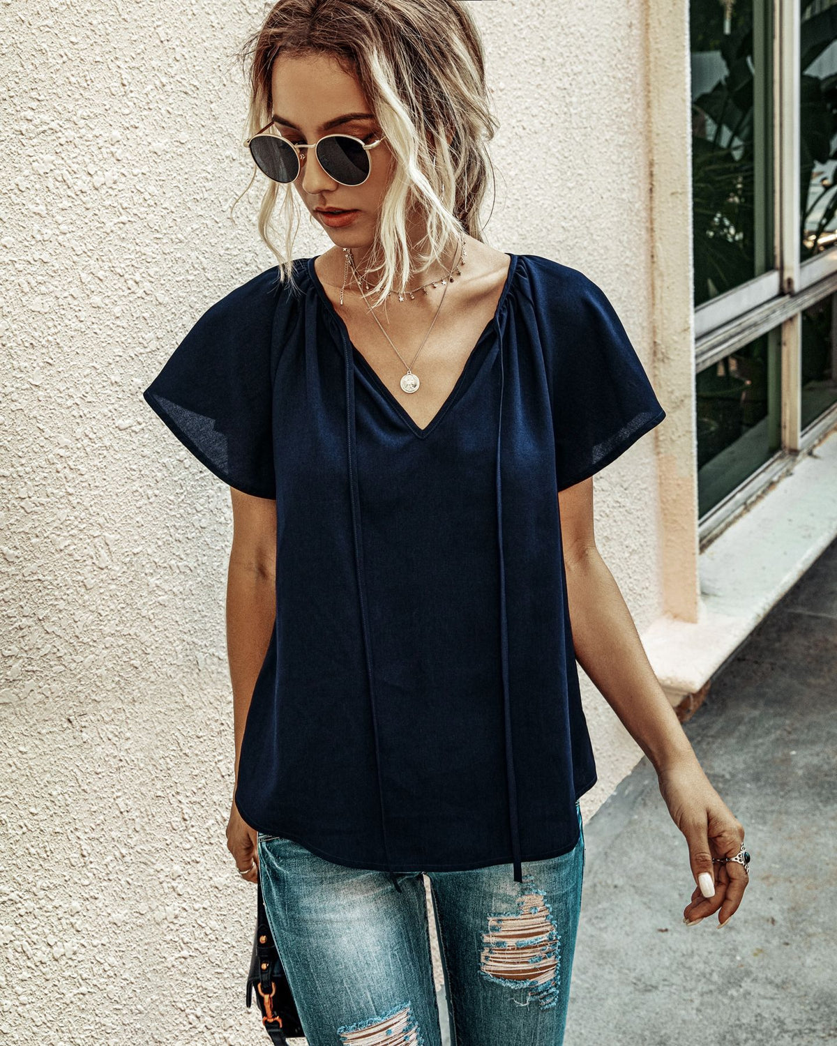 Ruffled Sleeves Lace-up V-neck Blouses T-shirt
