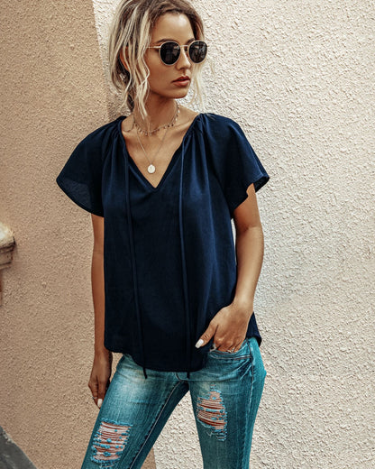 Ruffled Sleeves Lace-up V-neck Blouses T-shirt