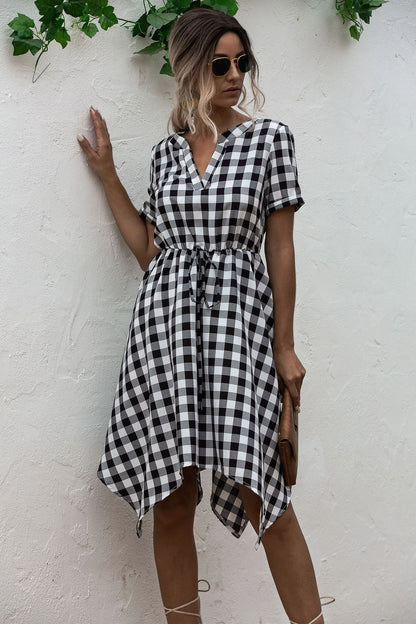 V-neck Plaid Irregular Hem Mini Dresses