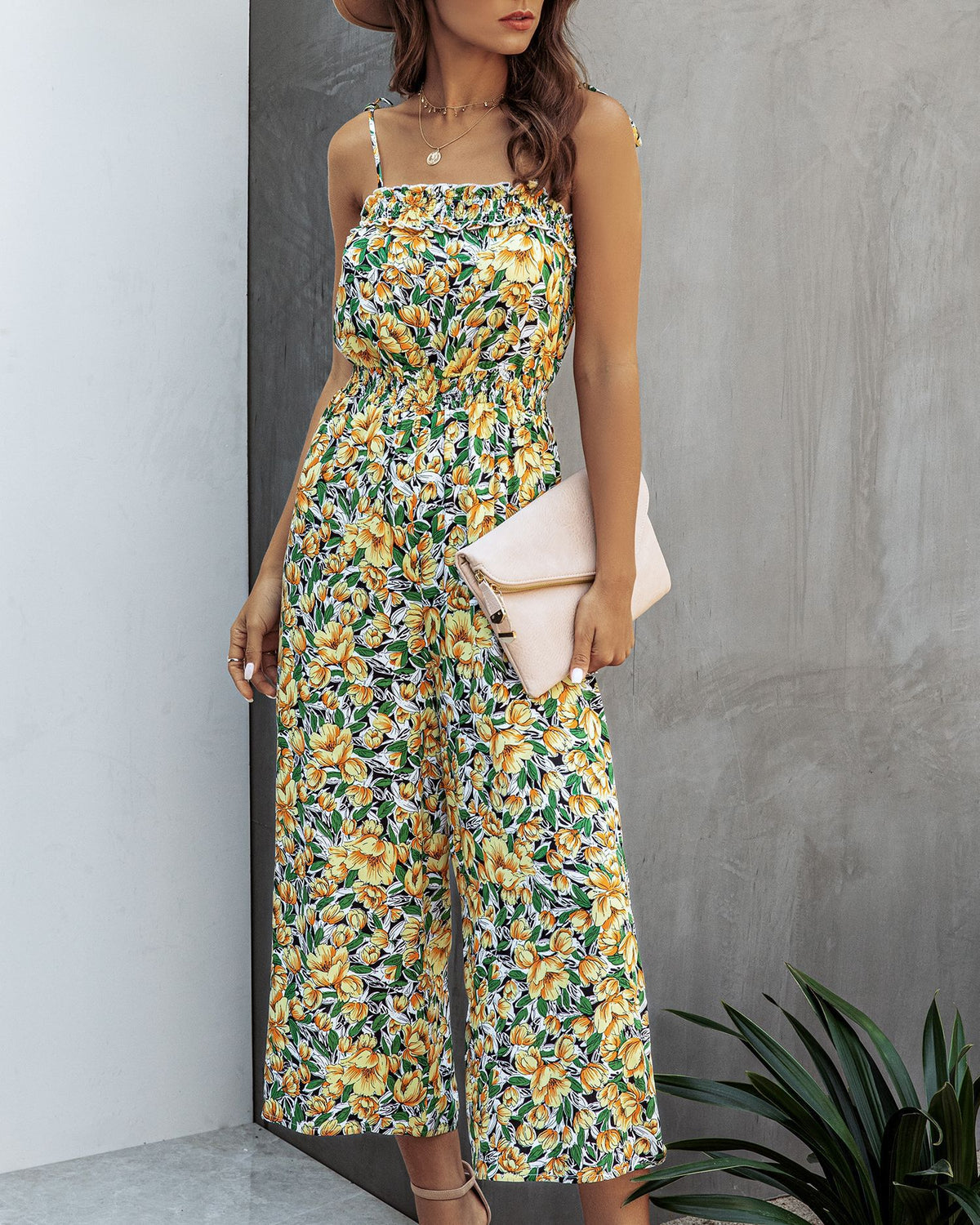 Off Shoulder Backless Suspenders Jumpsuit Elastic Waist Printed Rompers