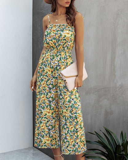 Off Shoulder Backless Suspenders Jumpsuit Elastic Waist Printed Rompers