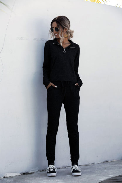 Stand Collar Zipper Two-piece Sports Suit Lace-up Pant