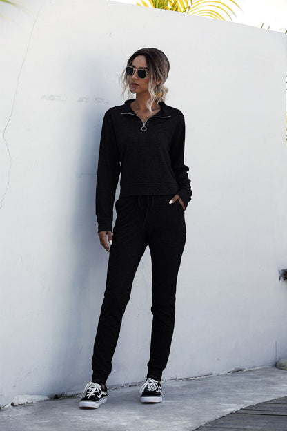 Stand Collar Zipper Two-piece Sports Suit Lace-up Pant