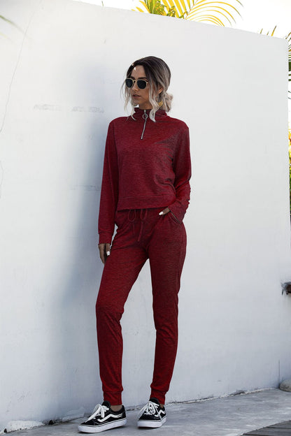 Stand Collar Zipper Two-piece Sports Suit Lace-up Pant