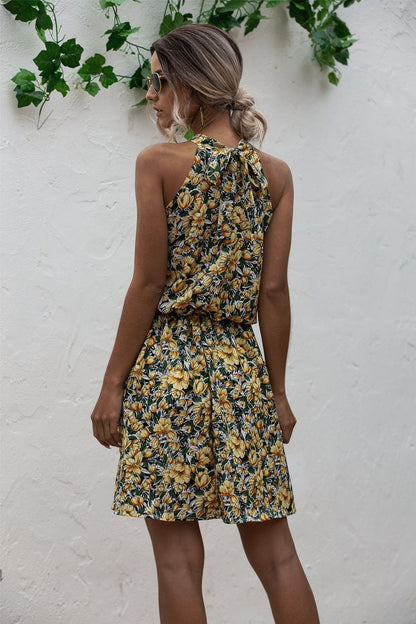 Floral Red Bohemian Boho Printed Hanging Neck Straps Mini Dresses