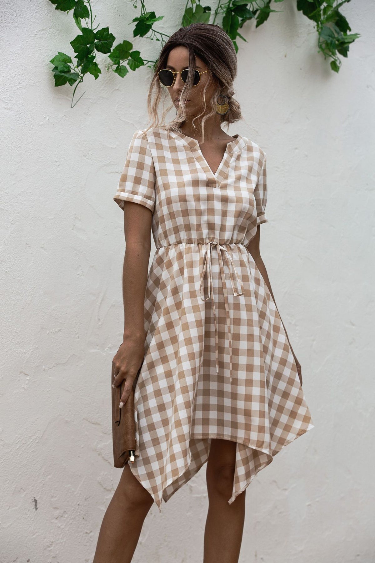 V-neck Plaid Irregular Hem Mini Dresses