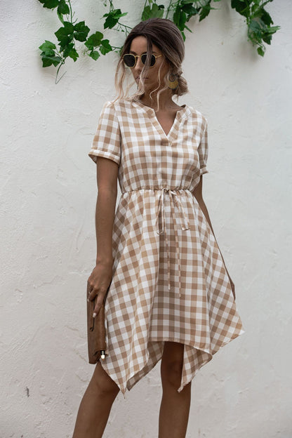 V-neck Plaid Irregular Hem Mini Dresses