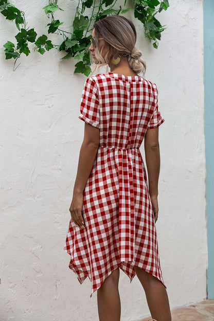 V-neck Plaid Irregular Hem Mini Dresses