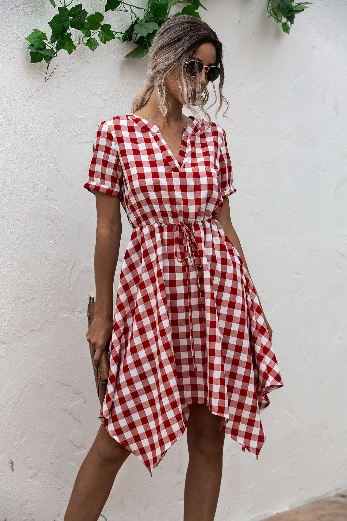 V-neck Plaid Irregular Hem Mini Dresses