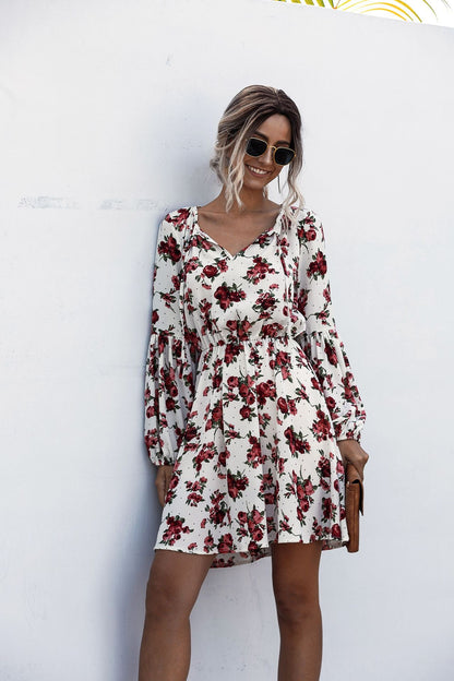 V-neck Lace-up Polka Dot Bubble Lantern Sleeve Flower Dress